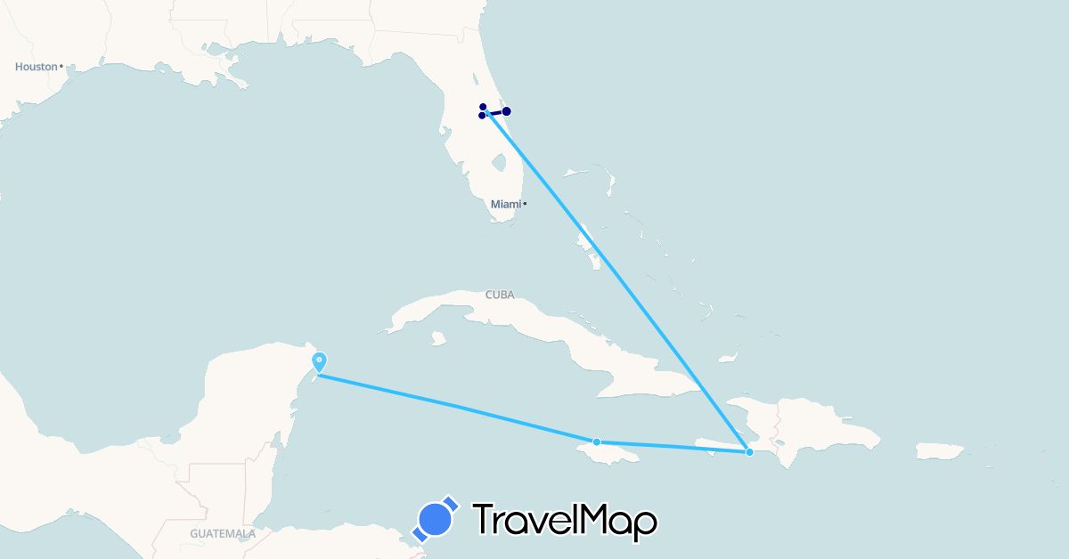 TravelMap itinerary: driving, boat in Haiti, Jamaica, Mexico, United States (North America)